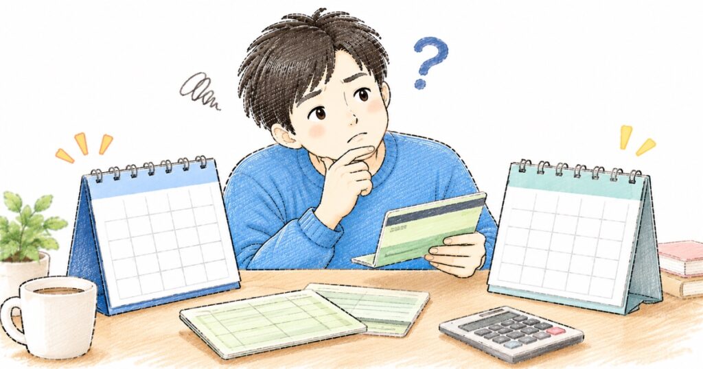 カレンダーと通帳を見比べて首をかしげるパパのイラスト