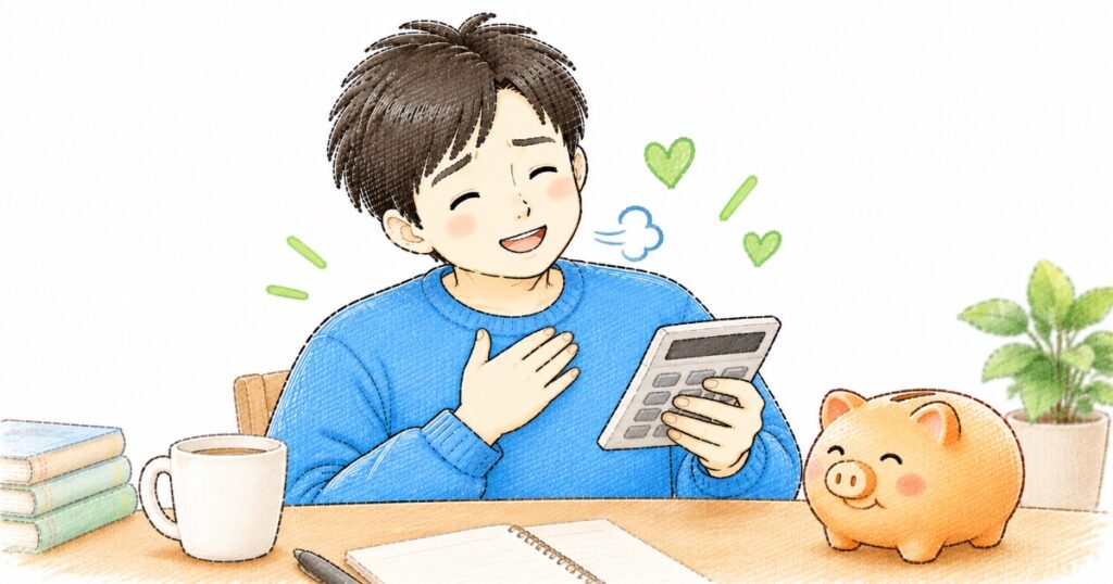 電卓を見てホッとするパパと豚の貯金箱のイラスト