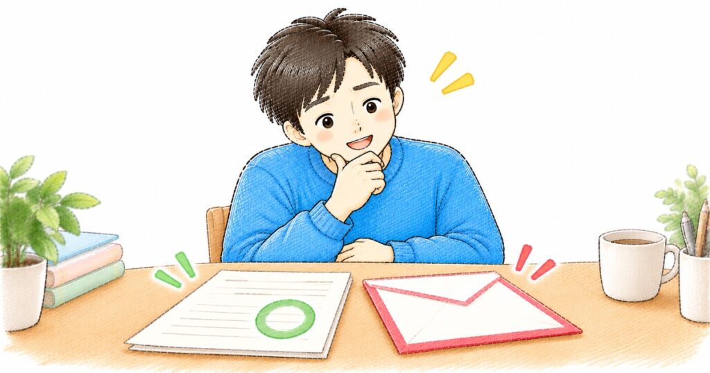 免除の書類と納付書の封筒を見比べるパパのイラスト