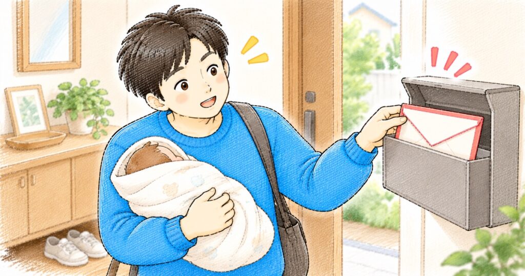 赤ちゃんを抱っこしながらポストの封筒に気づくパパのイラスト